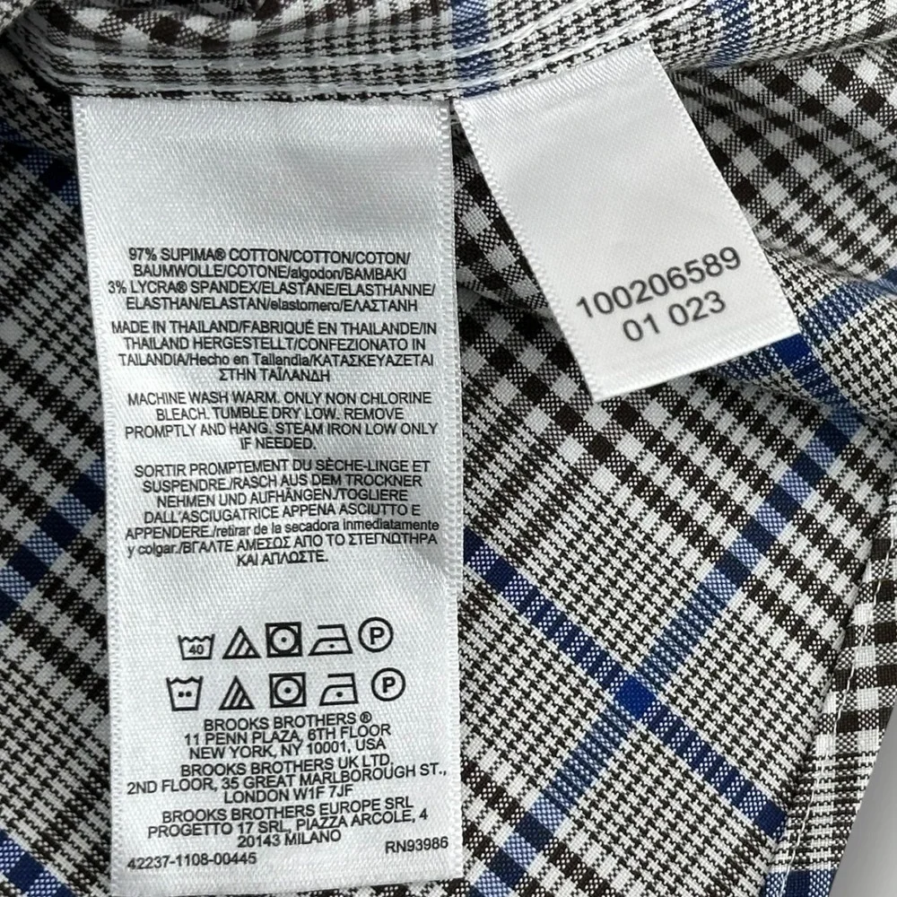 Brooks Brothers Stretch Supima Shirt Mens‎ 19 34/35 Blue Plaid Non Iron Dress